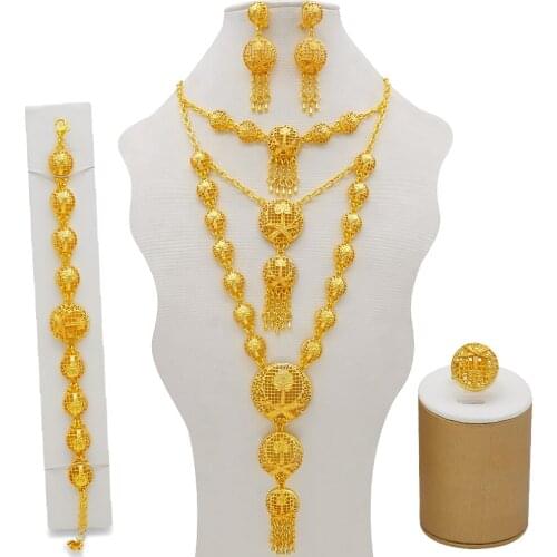 African Jewelry Necklace Earrings Dubai Gold Jewelry Sets for Women Wedding Bridal Bracelet Ring Pendant Jewelry Set