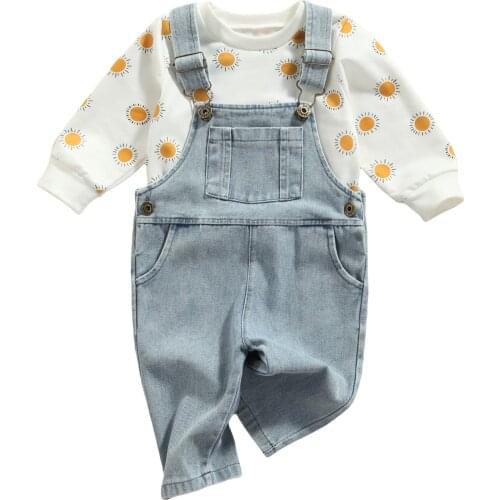 Baby Boys Girls Clothes Set Long Sleeves+Suspender Jean Sun Print Adjustable Length Pocket Decoration Spring Childrens Clothing