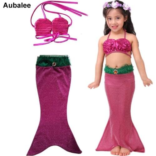2PCS Little Mermaid Tails Costume For Children Girls Bikini Swimsuit Beach Mermaid Swimwear Kids Ariel Princess Party Dress 3-9Y