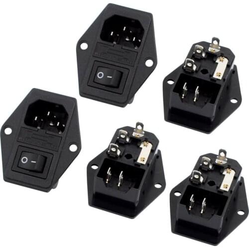 10A 250VAC Rocker Switch 3 Terminals IEC320 C14 Inlet Male Power 5pcs