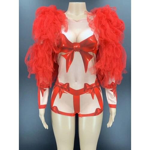 Cute Birthday Outfits For Women Modern Party Gogo Dance Costume Puff Sleeve Bar Pole Dance Clothing Stage Jumpsuit Singer 2638