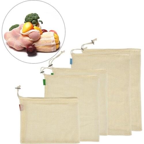 Reusable Cotton Vegetable Bags Eco-friendly Shopping Bag Home Kitchen Fruit Storage Mesh Bags With Drawstring Machine Washable
