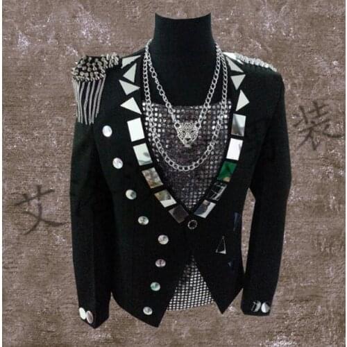 Men suits designs black lenses stage singers men sequin blazer dance tassel badge clothes jacket style dress punk rock european