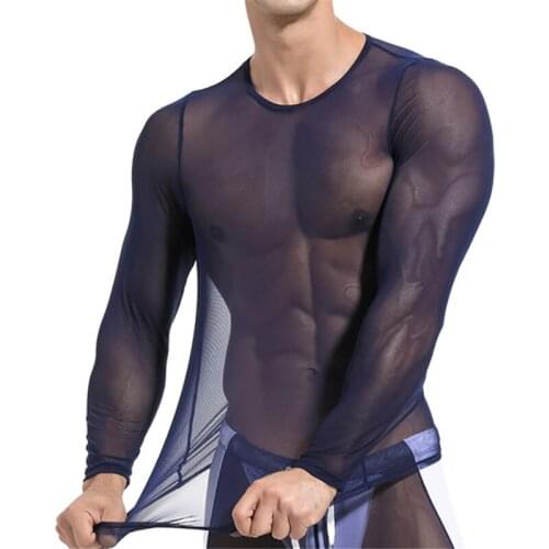 Mens Undershirts Sexy Mesh Transparent T-shirts Sheer Slip Homme Long Sleeve Shirts Fetish Lingerie Underwear Singlet Tops Tee