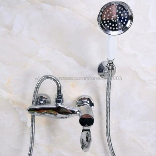 Polished Chrome Wall Mounted Bath Faucet Mixer Tap with Bathroom Hand Held Shower set Kna152