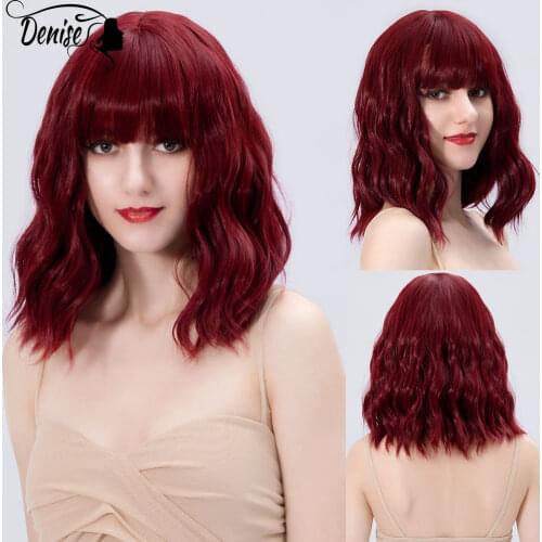 Short Wine Red Wave Daily Colored Hair Synthetic Wig With Bangs For White Women Heat Resistant Natural Fiber Cosplay Female Wigs