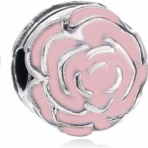 Authentic 925 Sterling Silver Bead Charm Pink Enamel Rose Garden Clip Lock Stopper Bead Fit fashion Bracelet DIY Jewelry