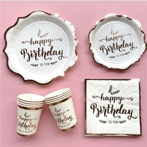 Rose Gold Happy Birthday Disposable Tableware Paper Cups Napkins Plates Straw Party Supply Kids Adult Birthday Party Decorations