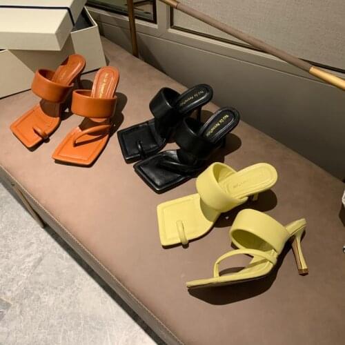 2021 New Design Square Toe Thin High Heel Slippers Women Summer Outdoor Slip on Dress Shoes Ladies Elegant Slides Roman Sandal