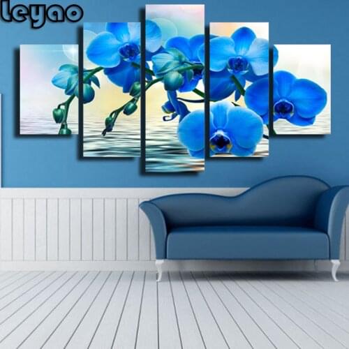 Modern Diamond painting multi-picture Wall Art diamond embroidery 5 Pieces Blue Orchid Flower For Living Room Home Decoration