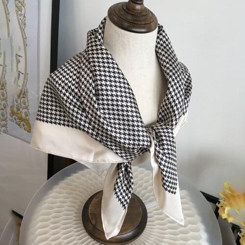 Vintage Houndstooth Print 100% Natural Silk Scarf Women Head Scarves Large Square Silk Shawl Cape 35"