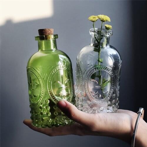 Japanese Retro Hydroponic Flower Vase with Cork Glass Embossed Essential Oil Bottle Aromatherapy Bottle Home Decoration Crafts