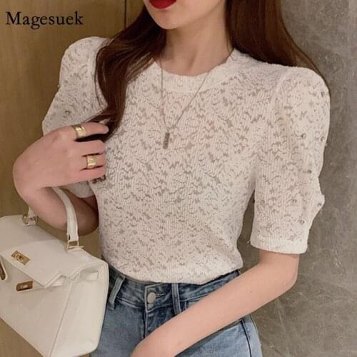 Summer Korean O Neck Woman Blouses Elegant Crochet Lace See Through Ladies Fashion Tops Puff Sleeve White Vintage Shirt 13944