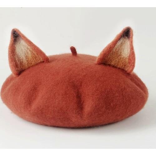 Handmade Wool Felt Autumn & Winter Versatile Cute Fox Ear Harajuku Cap Womens Japanese-style Beret