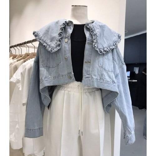 Sweet Fashion Peter Pan Collar Short Denim Jacket Women Spring Summer 2021 New Loose Long Sleeve Single-breasted Jackets