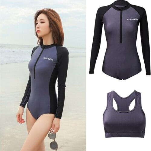 Womens Long Sleeve Rash Guard Sun UV Protection Zipper Surfing Dive One Piece Swimsuit Bathing Suit with Bra Monokini Maillot