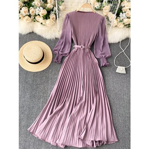 Vintage Women Pleated Long Dress Female Elegant Lantern Long Sleeve High Waist Red/Purple Draped Maxi Vestidos Spring Autumn New