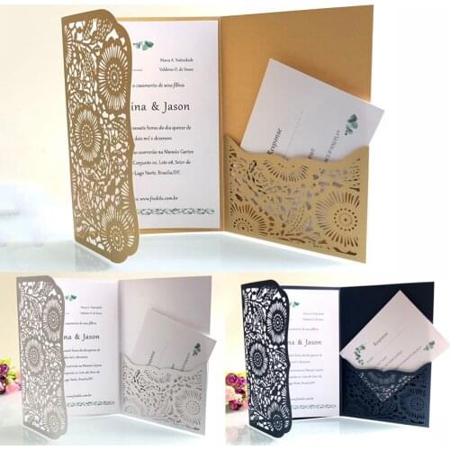 10pcs Laser Cut Hollow Flower Wedding Decoration Invitation Cards Tri-fold Bussiness/Engagement Greeting Envelopes Card Kit