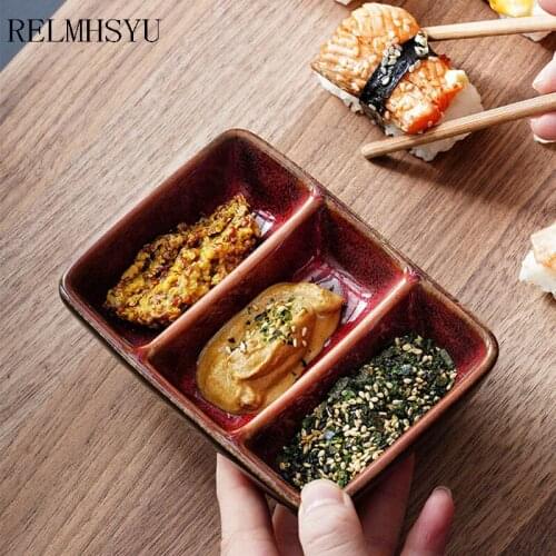 1PCRELMHSYU Retro Japanese Style Ceramic Three Grid Sauce Rectangular Dipping Dish Sushi Bar Barbecue Seasoning Dish Restaurant