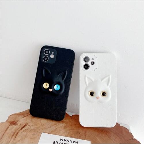 3D cute cool black white Cat phone case for iphone 6 6S 7 8 plus X xs max XR 11 max 12 pro max 12mini blue eyes Leather cover
