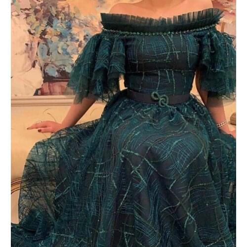 Designer Dark Green Off the Shoulder Short Sleeve Beaded Tea Length Lace Prom Dresses