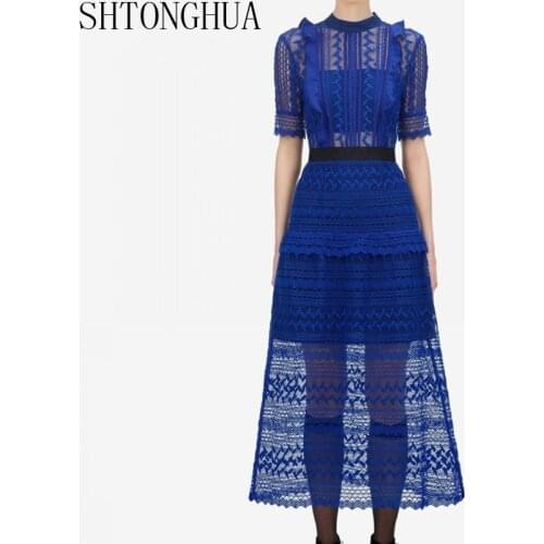 Design Women Ruffless Blue Lace Hollow Out Patchwork Long Dress Vestidos 2020 Spring Woman Short Sleeve Runway Dresses