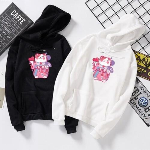 Harajuku Kawaii Japanese Lucky Cat Warm Graphics Hoodies for Women Hip Hop Oversize Hoody Sweatshirts Streetwear Hoody Mujer