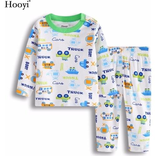 Hooyi 2018 Spring Baby Pajamas Clothes Suit Cotton Cartoon Boys Sleepwear Truck Boat Sleep Sets Long Home Clothing Set Bus Print