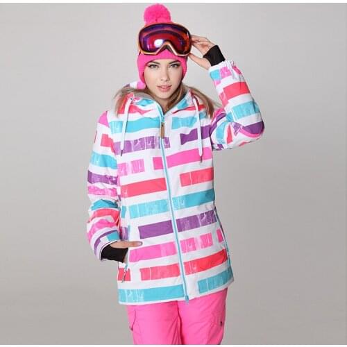 Womens Ski Jacket Female Multicolour Stripes Snowboarding Cycling Snow Tops Lady Padded Skiwear Waterproof 10K