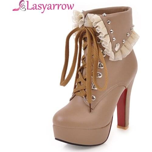 Lasyarrow Fashion Ruffles Shoes Woman Thick High Heels Round Toe Platform Botas Mujer Lace Up Punk Rivets Ankle Boots Motorcycle