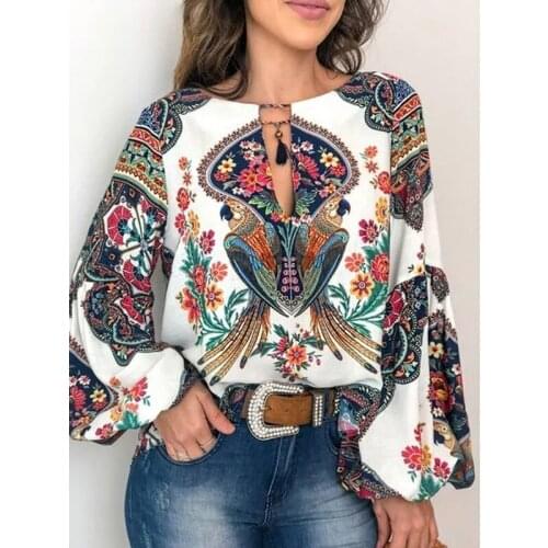 Summer Women Printed Round-necked Lantern Sleeve Shirt Full Sleeve Vintage Print Flower Ladies Tops yellow Blouses on sale