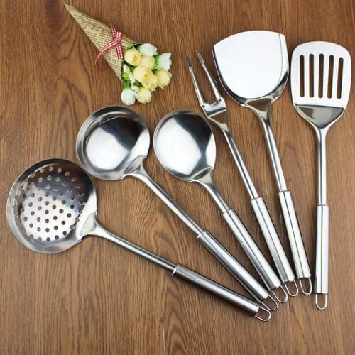 6pcs Kitchenware set Cookware Kitchen Utensil Cooking Tool Stainless steel Soup Spoon Colander Turner Meat Fork Leak Shovel