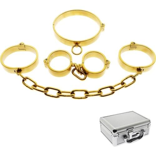 Gold Stainless Steel Slave Neck Collar Handcuff Wrist Ankle Cuffs Bdsm Fetish Bondage Restraint Adult Game Sex Toys For Couples