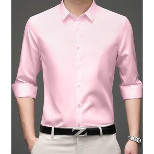 Casual Long Sleeve Satin Mens Shirt Slim Fit Business Work Camisas Non Iron Solid Color Shirts Chemise Homme Camisas Para Hombre