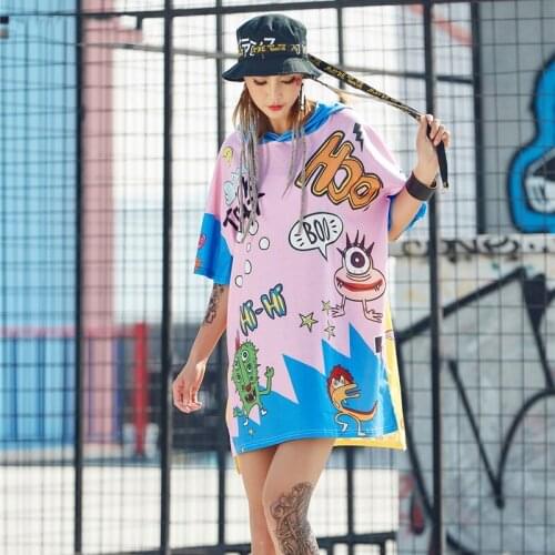 Cartoon 2018 Streetwear Long Top Summer Europe Fashion Graffiti Street Female Loose Printing Long T-shirt Hip Hop Short Sleeve