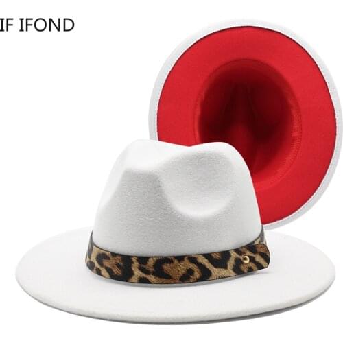 Vintage White Red Patchwork Trilby Cap 2021 Fashion Fedora Jazz Hat with Belt Buckle Wide Brim Wool Felt Party hat