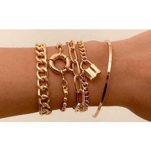 Vedawas Vintage 5Pcs/Set Link Chain Bracelets Bangles for Women Hip Hop Lock Charm Bracelets Show Jewelry Gifts Wholesale Party
