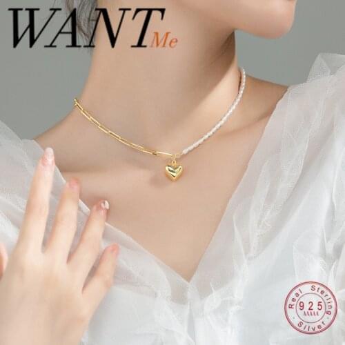 WANTME New Natural Freshwater Baroque Pearl Chain Love Heart Pendant Necklace for Women Real 925 Sterling Silver Wedding Jewelry