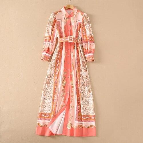 European and American womens wear for summer 2021 Long sleeve lapel printed single breasted buttons Fashionable Belt Dress