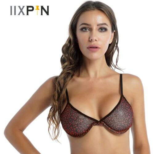 Womens Adjustable Shoulder Straps Bralette Underwear Leopard Print Bra Tops See-through Mesh Unlined Underwire Sexy Brassiere