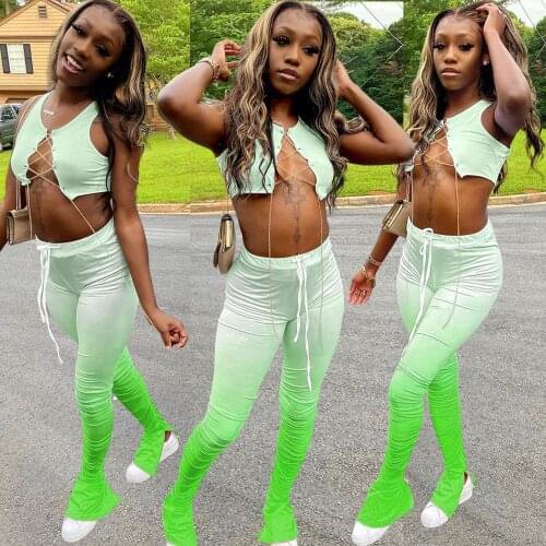 Sexy stacked leggings two piece set women Crop Top+ pants flare splite out jogging femme summer clothes for women