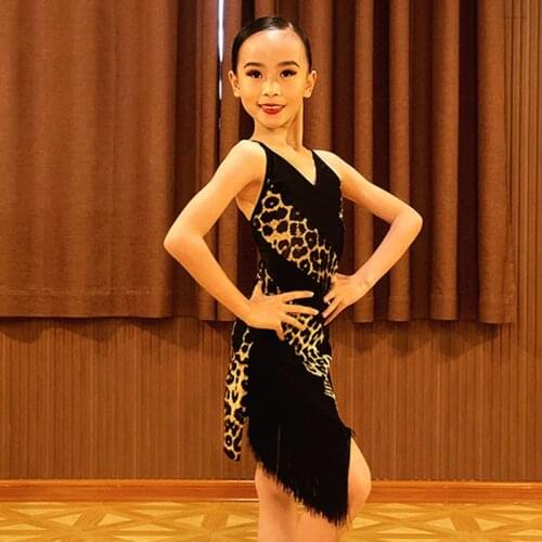 2021 New Latin Dance Dress Sleeveless Leopard Fringed Dress Girls Practice Performance Dance Costume Kids Latin Dress BL5631