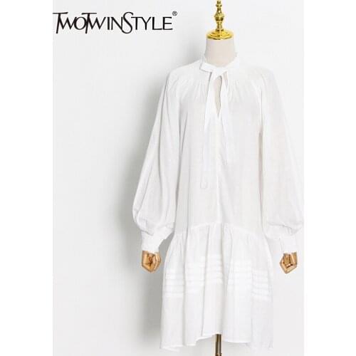 TWOTWINSTYLE Elegant Dresses For Female Lace Up Bowknot Cut Out Lantern Long Sleeve High Waist Loose Womens Dress New 2021