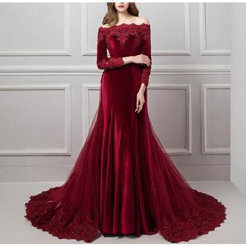 Boat Neck long Sleeve Evening Dress Mermaid Robe De Soiree Velvet Prom Formal Dress Abiye Gece Elbisesi Vestidos Largos Elegant