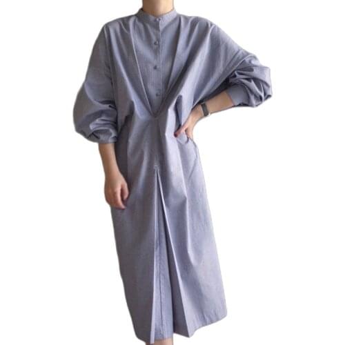 2021 Spring Women Vintage Dress Fashion Lantern Sleeve Button Pleated A-Line Mid-Calf Dresses Female