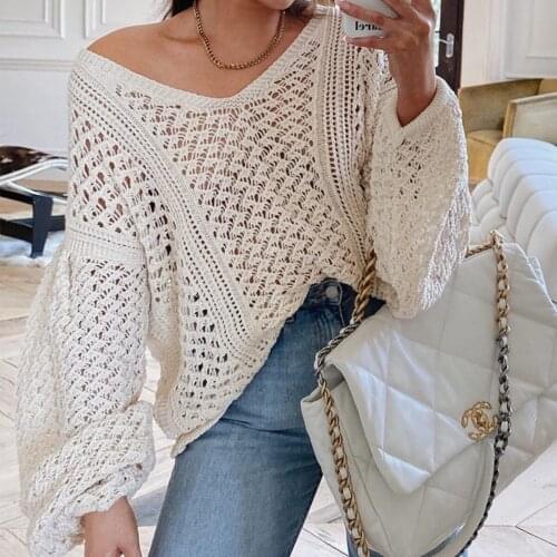 2021 Spring New Womens Solid Color Loose Knit Tops Sexy V-neck Hollow Sweater Puff Sleeve Thin Ladies Fashion Sweater