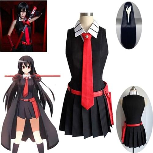 Anime Cosplay Halloween Party Costumes Akame Ga KILL Akame Cosplay Black Sleeveless Dress Uniform Outfit and Wig Glove Sock