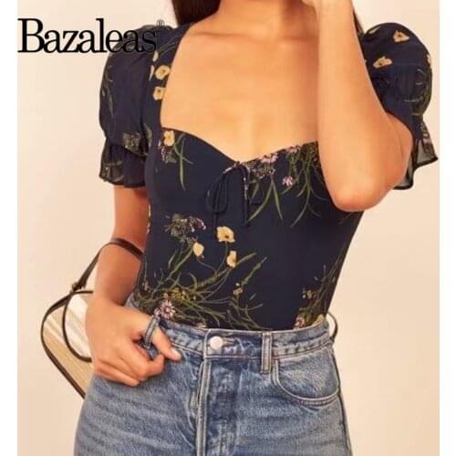 Bazaleas Vintage Slim Elastic Tops France Floral Print Navy Women blouse Elegant blusas mujer de moda 2020