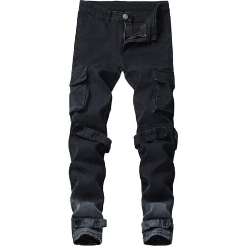New Mens Male Multi Big Pockets Cargo Denim Jeans Casual Gradient Color Black Pants Joggers Trousers 105