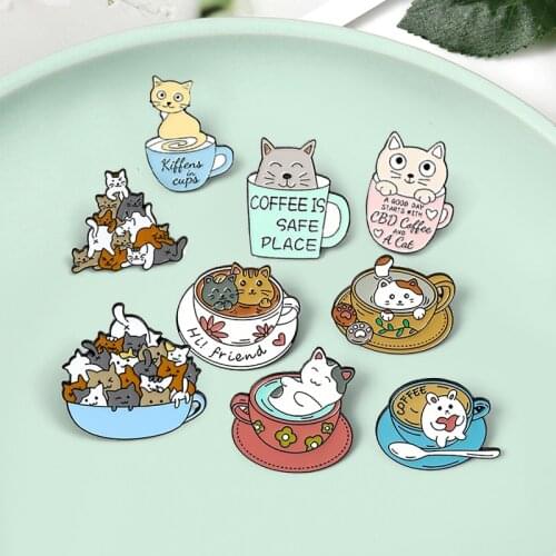 Cute Cats Coffee is Safe Place Enamel Lapel Pins Hi!friend Cup Cats Brooches Badges Fashion Pin Gifts for Friends Wholesale